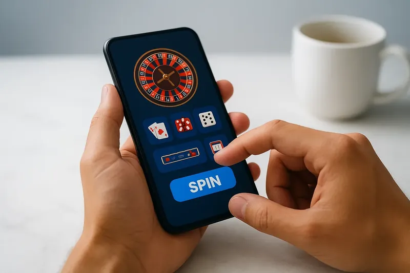 Close-up hands tapping mobile casino interface on marble desk with coffee mug