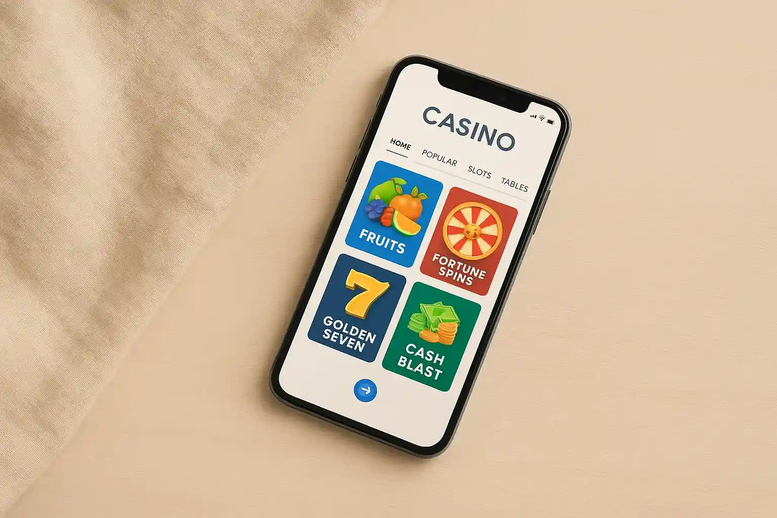 Angled smartphone on cream background showing light-themed casino app interface
