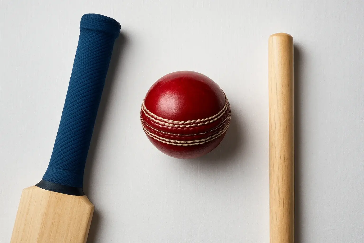 Overhead flat lay of cricket ball, bat handle, and stump on white linen