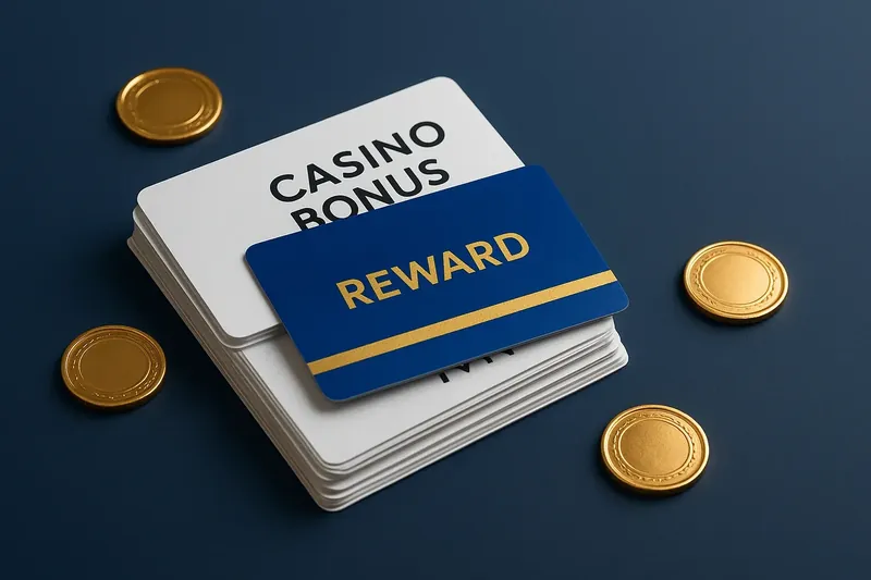 Stack of casino bonus vouchers and reward cards with scattered gold coins