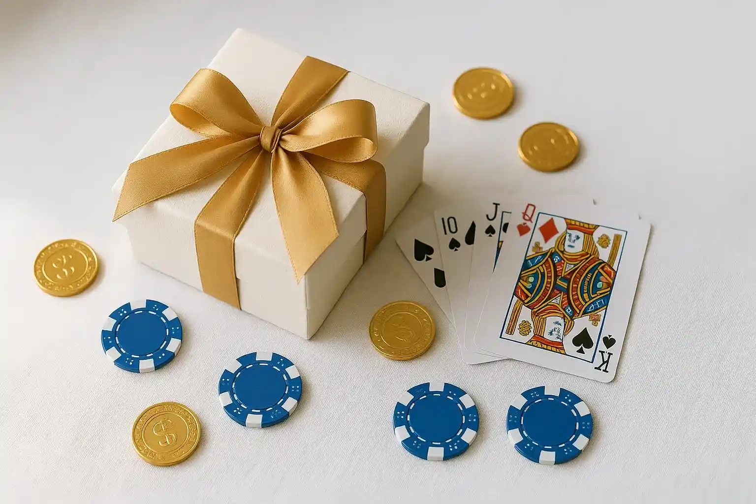 Premium gift box with gold ribbon, casino chips, cards and coins