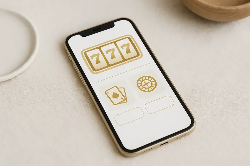 Mobile phone displaying casino app with slots and live games on bright background