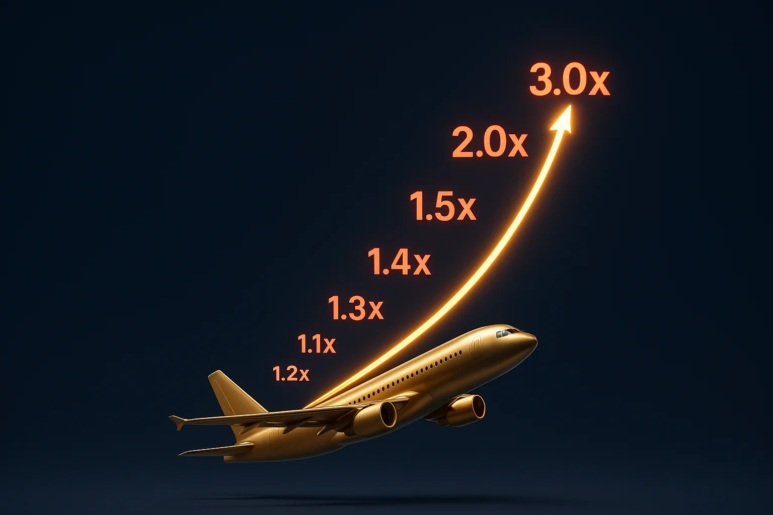 Plane ascending steeply with glowing parabolic multiplier curve on white background