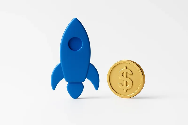 Minimalist rocket icon with gold coin on white background