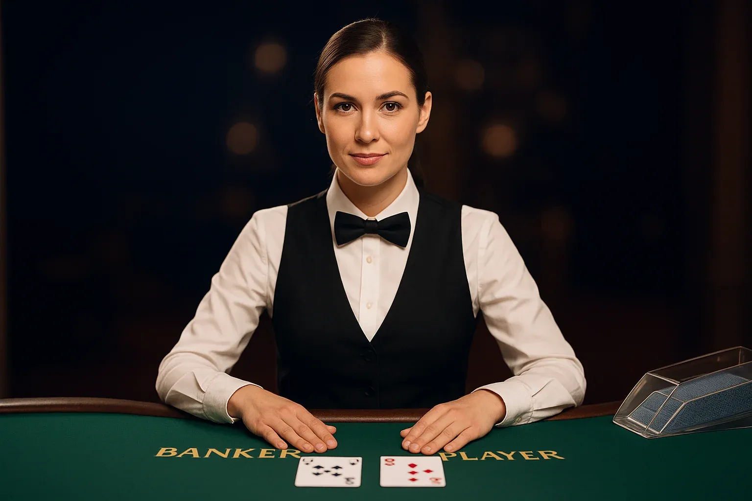 Elegant live dealer baccarat table with professional female dealer and green felt