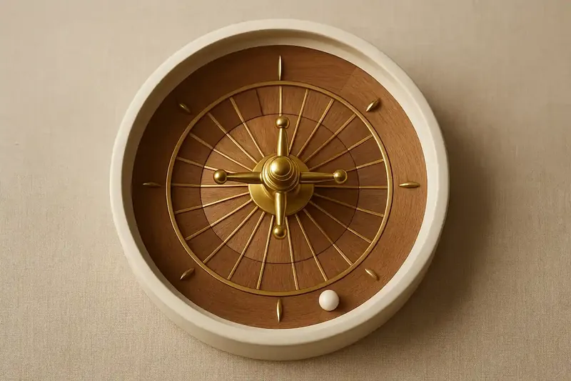 Overhead close-up of roulette wheel rotor with ball pockets and gold accents