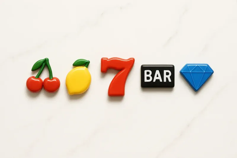 Five polished slot symbols in a row on white marble