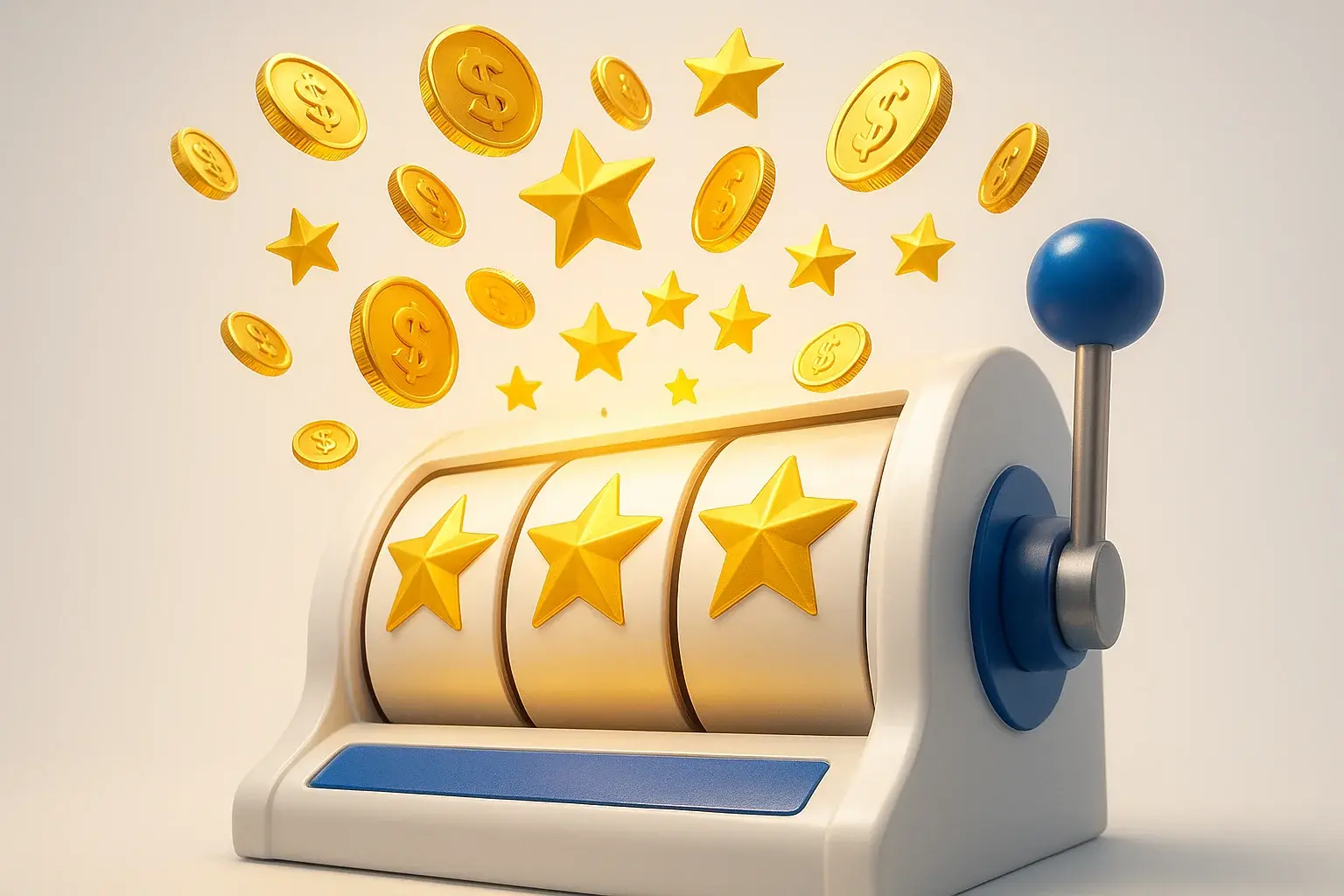 Slot machine jackpot with coins and star symbols on white background